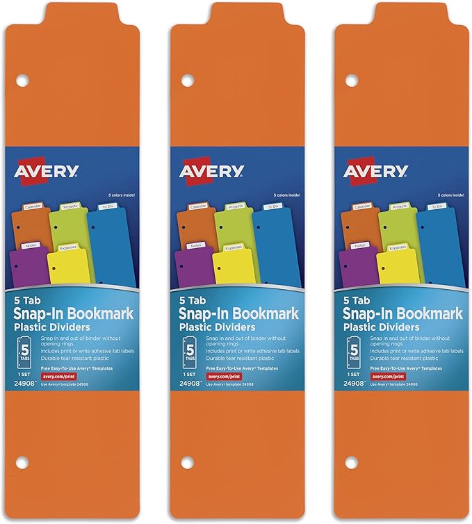 Avery Snap-In Plastic Bookmark Dividers for 3 Ring Binder, White Labels, 1 Assorted Color Set of 5 Tabs, 3 Packs, 15 Page Dividers Total (24908)