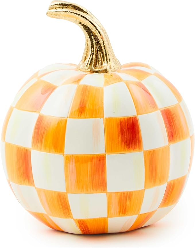 MACKENZIE-CHILDS Mini Pumpkin, Resin Halloween Home Decor, Orange-and-White Orange Check