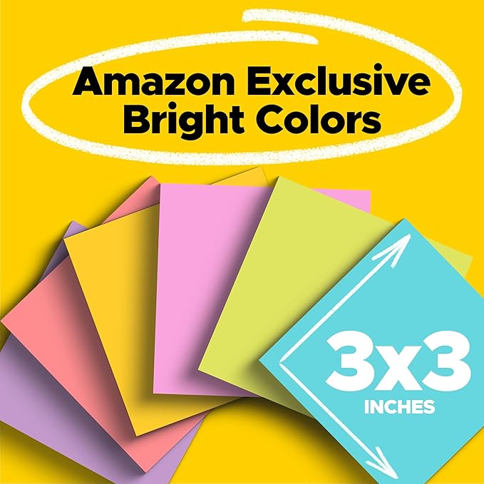 Post-it Super Sticky Notes, 3x3 in, 6 Pads/Pack, 90 Sheets/Pad, Amazon Exclusive Bright Color Collection, Aqua Splash, Acid Lime, Tropical Pink, Sunnyside, Guava and Iris Infusion