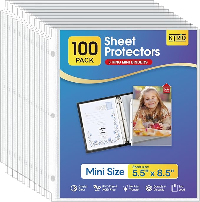 KTRIO Heavyweight Sheet Protectors 5.5 x 8.5 inch, Clear Page Protector for Mini 3 Ring Binder, Plastic Sleeves for Binders, Top Loading Paper Sheets Sleeve Letter Size, Office & Home, 100 Pack