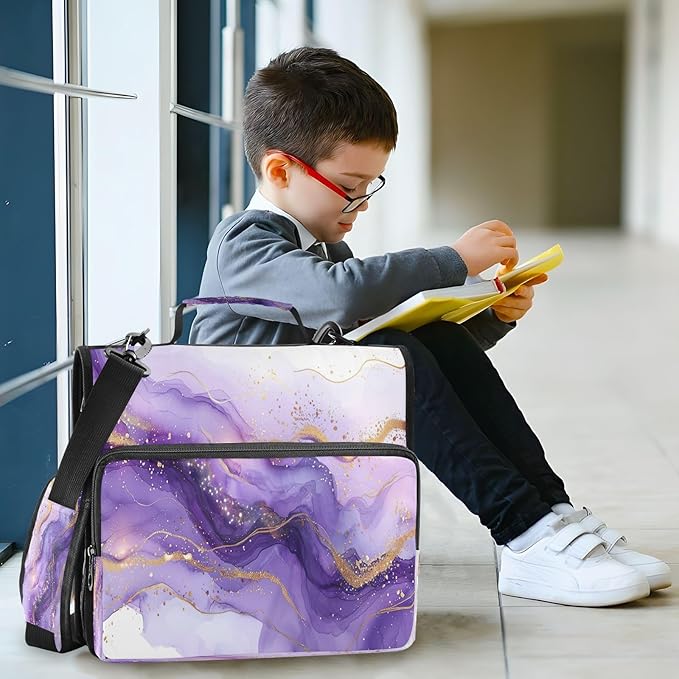 Purple Marble Waterproof Zipper Binder with Shoulder Strap, 3-Ring Trapper Keeper with Lay-Flat Design and Multiple Compartments for School & Office, Adults & Kids