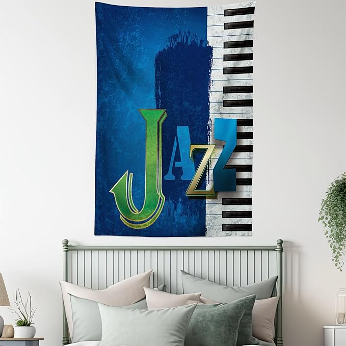 Ambesonne Jazz Music Tapestry, Abstract Cracked Background Piano Keys Themed Print Rhytym Image, Fabric Wall Hanging Decor for Bedroom Living Room Dorm, 23" X 28", Navy Green White