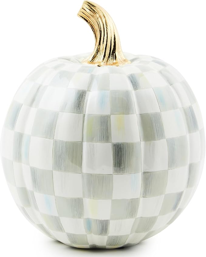MACKENZIE-CHILDS Small Pumpkin, Resin Halloween Home Decor, Gray-and-White Sterling Check