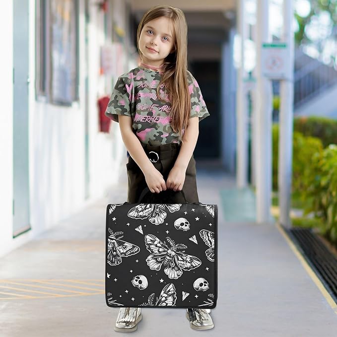 3 Ring Zipper Binder with Shoulder Strap Skull Moon Moth Black Skeleton 1.5 inch Binders Keeper Large Capacity Multi Pockets for School Office Supplies