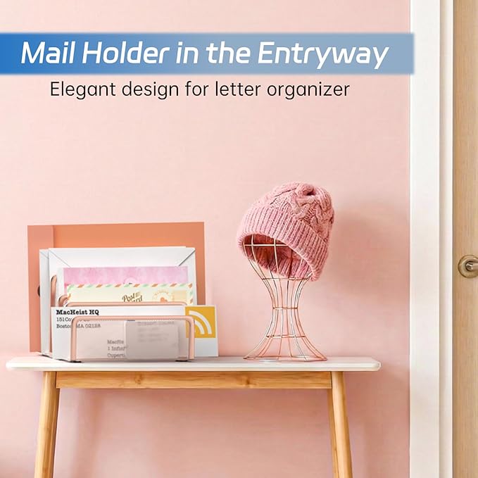 Mail Organizer Countertop with 5 Slot, Metal Mail Holder for Desk, File Holder Letter Sorter for Envelope, Bill and Document (Rose Gold)