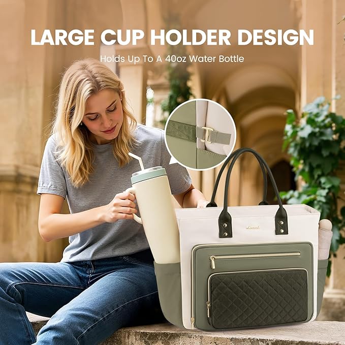 LOVEVOOK Teacher Tote Bag for Women Work, Laptop Bag With Large Cup Holder, Nurse Bags Professional Briefcase Business Computer Purses Handbag Gifts,Light Green-Beige-Olive Green,15.6 Inch