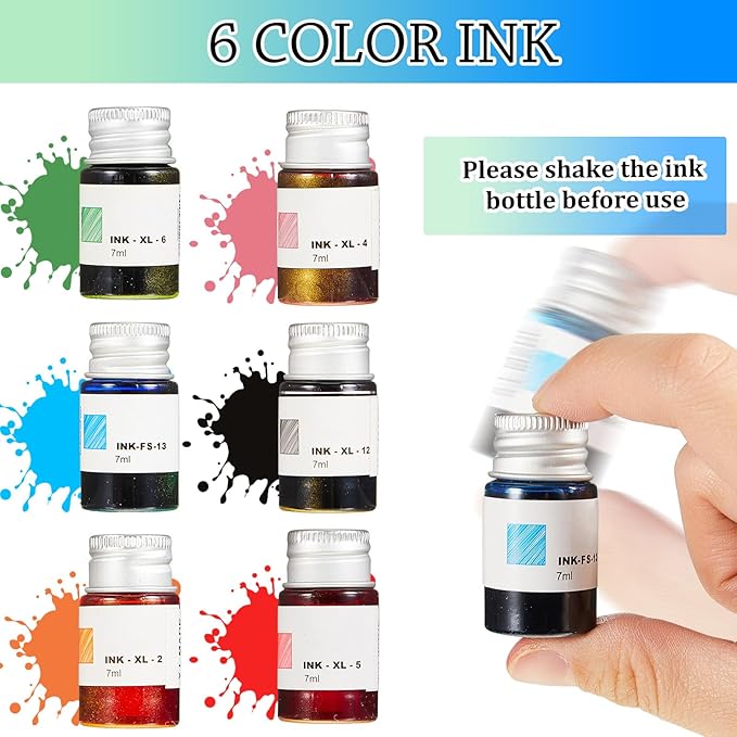 Zonon Glass Dipped Pen Ink Set 14 Pcs Include 6 Pcs Glass Dip Pen, 6 Colorful India Ink and 2 Holder Crystal Signature Calligraphy for Art, Writing, Gift(Green Color System)