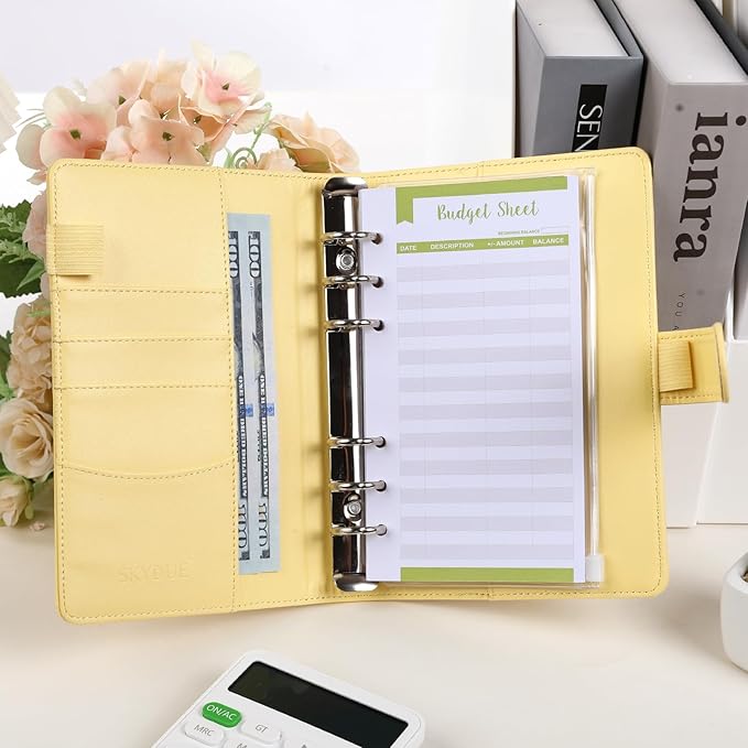 SKYDUE Budget Binder with 8pcs Zipper Envelopes, Money Organizer for Cash with 12pcs Expense Budget Sheets & 24 Blak Sticky Labels, Budget Book with Cash Envelopes, Yellow, A6 (1008HYJ-HZ_A6Yellow)