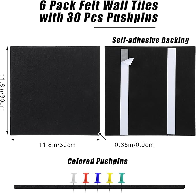 Large Cork Board 36" x 24", 6 Pack Felt Bulletin Board with 30 Pushpins, Cork Boards Alternative with Self-Adhesive Strips, Felt Wall Tiles Pin Boards for Walls Office Home School Decor-Black