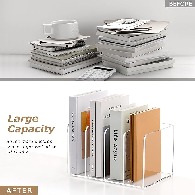 SANRUI Acrylic Magazine Holder Desk Organizer Workspace Sorters，Clear Bookend File Sorter Holder,Folder Rack, Office Accessories Organization Storage with 4 Vertical Compartments
