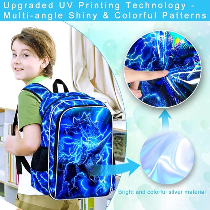 KLFVB 3PCS Boys Lightning Bookbag Set, 17" Dinosaur Backpack and Lunch Box, Water Resistant Teenagers School Backpacks for Middle Elementary - Lightning Triceratops