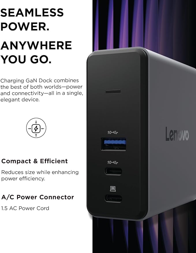 Lenovo GaN Charging Dock, Multiport Docking Station w/ 60W PD, HDMI, USB-C, USB-A, Micro SD, Power Adapter & Dock in One, Compact Design, Sustainable Materials, Home Office Gaming Dock Stand Console