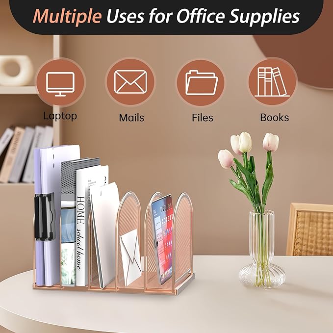 SUPEASY File Organizer for Desk, 5-Section Mesh Desk Organizer, Vertical File Holder Desktop Organizer File Sorter, File Folder Holder for Office Supplies, Rose Gold (Pack of 2)