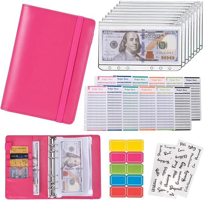 NICOOTHBudget Binder Cash Envelopes A6 Money Saving Binder with Zipper envelopes (A6 Rose red)