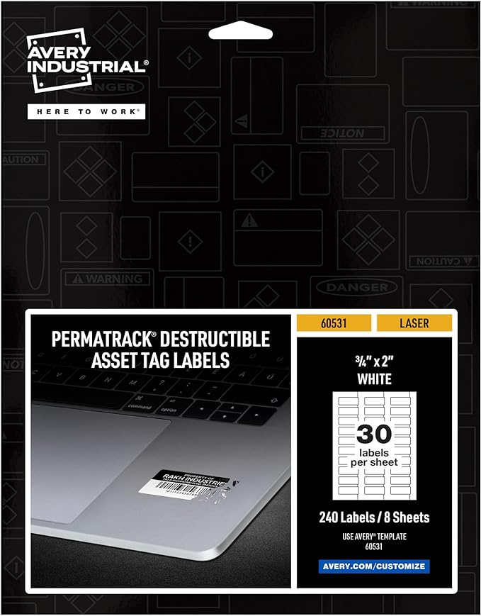 Avery White Asset Tag Labels, 3/4" x 2", Destructible Laser Printable Tags, 240 Waterproof Labels (60531)