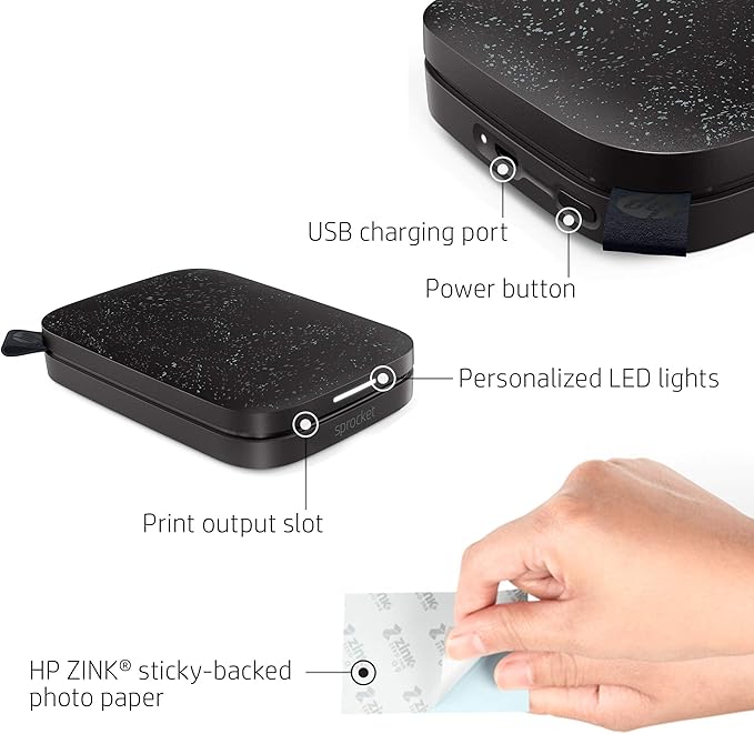 HP Sprocket 2x3 Instant Smartphone Photo Printer 75 Sheets Bundle - Bluetooth Portable Color Wireless Mobile Printer (Black) Zink Sticky-Back Photos