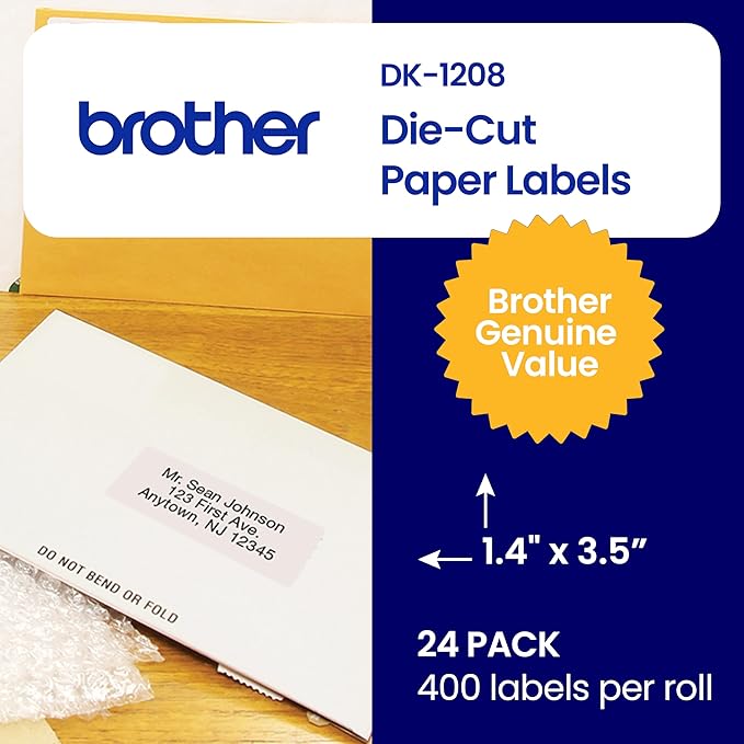Brother Genuine DK-120824PK Die-Cut Large Address Labels, 1.4" x 3.5", Long Lasting Reliability, Paper Labels, 400 Labels per Roll, 24 Rolls per Box, White