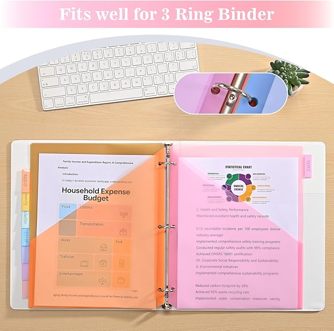 8-Tab Dividers for 3 Ring Binder, 24 Count Binder Dividers with Pockets, Subject Dividers, 3-Hole Plastics Sheets Protectors for US Letter Size in 0.5", 1",2" Binders, Pastel 8 Color, 3 Packs