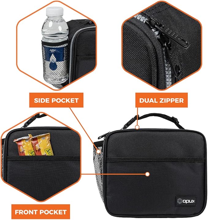 opux Insulated Lunch Bag Kids, Lunch Box for School Boy Girl, Leakproof Small Reusable Compact Soft Mini Cooler Bag, Toddler Small Lunch Boxes Kit Pail with Front Side Pockets (Black)