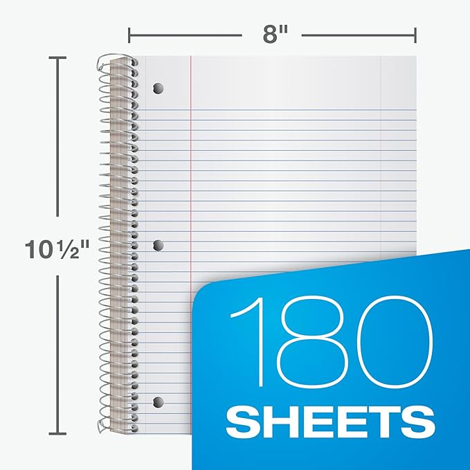Oxford Spiral Notebooks, 3 Pack, 5 Subject, College Ruled Notebooks for School, 8 x 10.5 Inches, 180 Sheets, 4 Dividers, Assorted Colors, Back to School Supplies (65203)