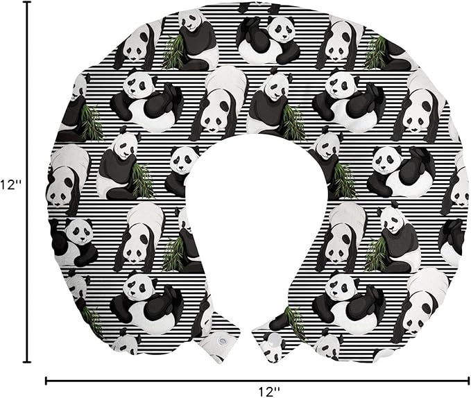 Ambesonne Tropical Travel Pillow Neck Rest, Funny Panda Bears and Exotic Leaves on Minimalist Stripes Modern, Memory Foam Traveling Accessory for Airplane and Car, 12", Dark Blue Grey and White