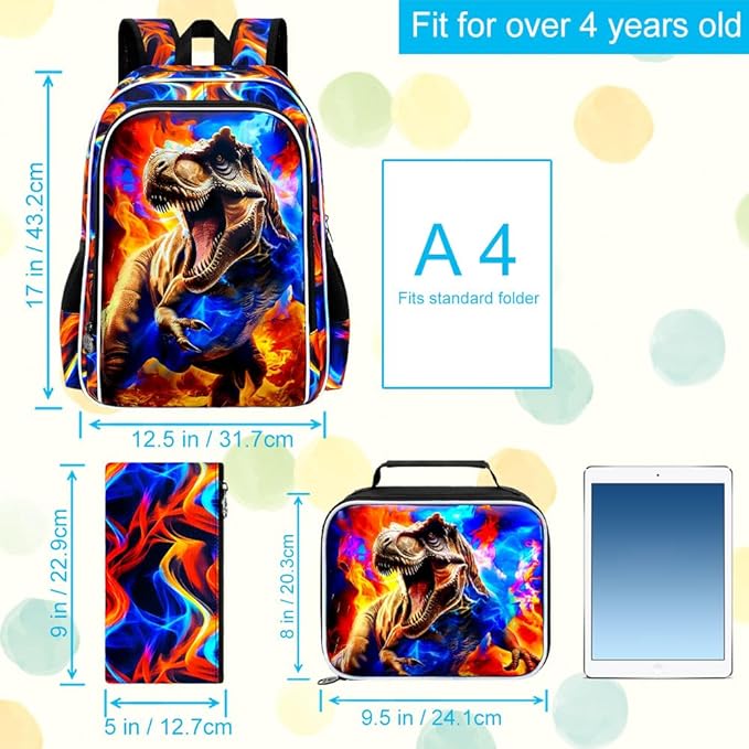 KLFVB 3PCS Boys Bookbag Set, 17" Dinosaur Bookbag and Lunch Box, Water Resistant Teenagers School Backpacks for Middle Elementary - Flame T-Rex