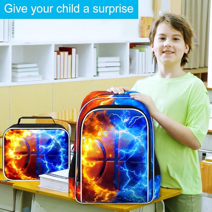 gxtvo 3PCS Boys Basketball School Backpack, 17" Kids Bookbag with Lunch Box, Water Resistant Middle Elementary School Bag - Fire & Lightning Basketball