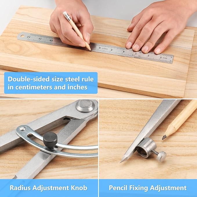 WORKLION Woodworking Compass Geometry Set - Large Locking Pencil Compass for Drawing Circles, Professional 8 Inch Woodworking Compass with 2 Pencils and a 12inch Ruler, Perfect for Precision Geometry.