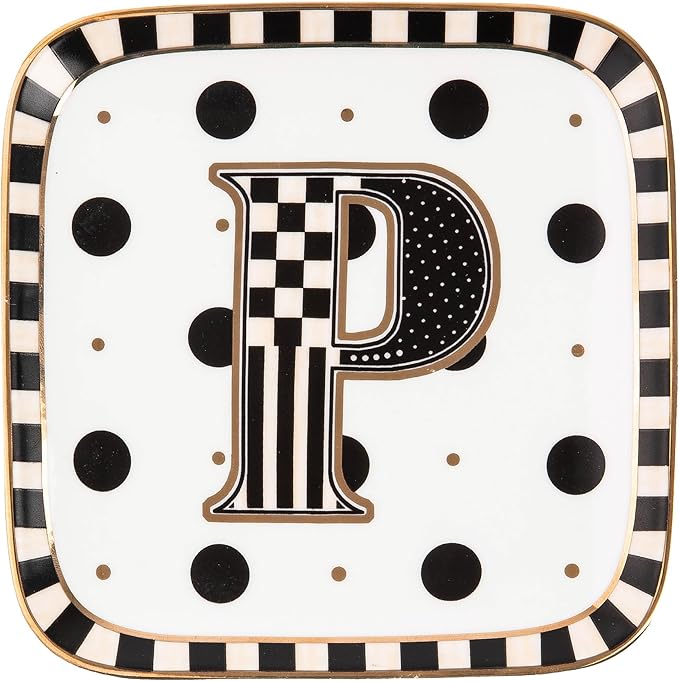 MACKENZIE-CHILDS Monogram Dish, Decorative Ceramic Letter Plate, 5 3/4" Square, P