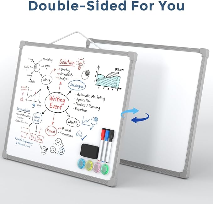 MaxGear Double-Sided Dry Erase Board for Wall, 16"x12" Hanging Whiteboard, Small Dry Erase White Board, Portable Whiteboard for Planning, Drawing, Memo, to Do List, Grey Frame