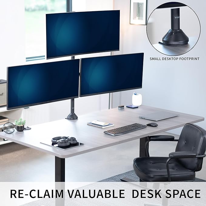 VIVO Premium Triple Ultra Wide LCD LED 27 to 38 inch Monitor Desk Mount, Heavy Duty C-clamp, Extra Tall Pole, Adjustable Telescoping Arms, Flush Wall Setup, Fits 3 Screens, Black, STAND-TS3CT