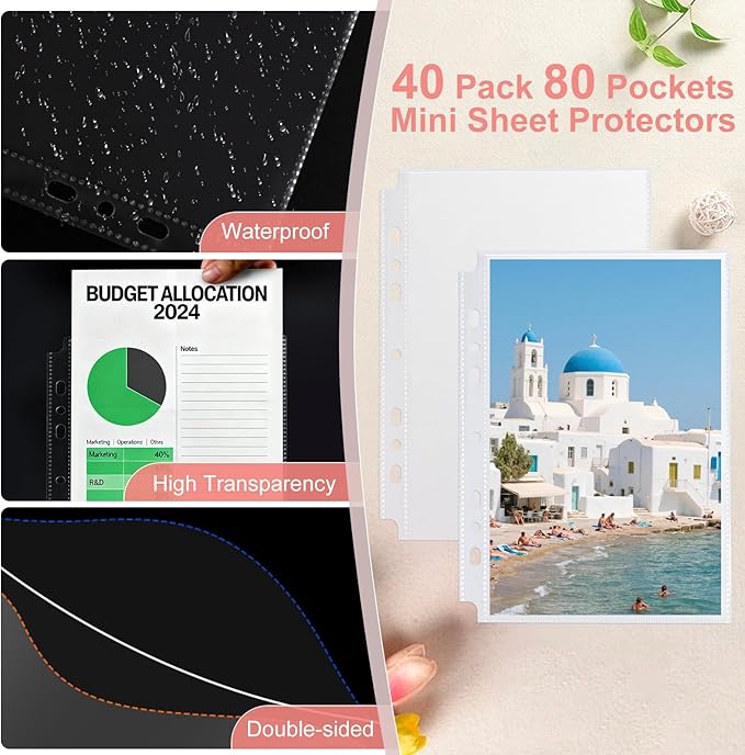 40 Pack 80 Pockets 5.5x8.5” Sheet Protector Sleeves for 6 Ring A5 Binder, A5 Mini 3 Ring Binder, Ultra-Clear Playbill Holder Sleeves, Double-Sided, Top Loading Sheet Protector for Paper Report