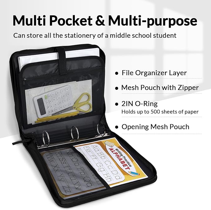 SUNEE Zipper Binder Bag with Handle, 2-Inch 3-Ring O-Ring, 500-Sheet Capacity, Includes Zip Pocket, 5-Tab Expanding File Folder, Multi-Pocket Organizer Binder for Middle School, Black
