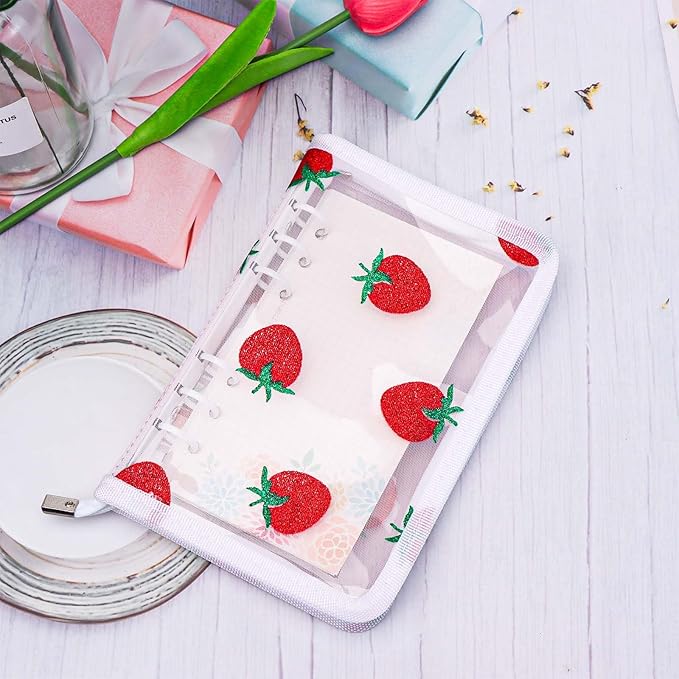 AxeWoodz White A6 Zipper Binder Clear Refillable Notebook Shell Cute Strawberry Lace Cover 6 Ring PVC Binder Cover for Photocard Planner Journal Photo Album