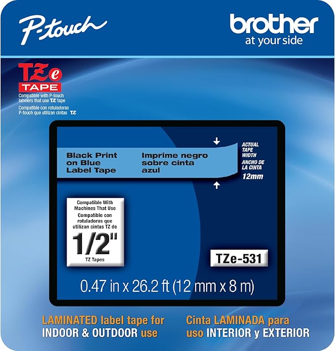 Brother Genuine P-touch, TZe-531CS, 0.47” x 26.2’, Black on Blue Laminated Label Tape
