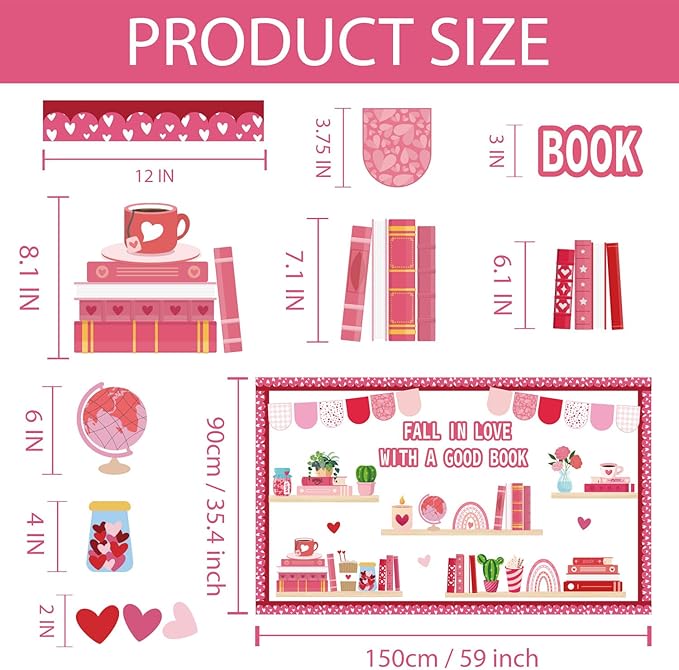Valentine's Day Reading Bulletin Board Decorations Set, Bookshelf Cutouts with Heart Bulletin Board Borders Valentines Library Classroom Decorations Chalkboard Wall Door Decor for Home Office 70Pcs