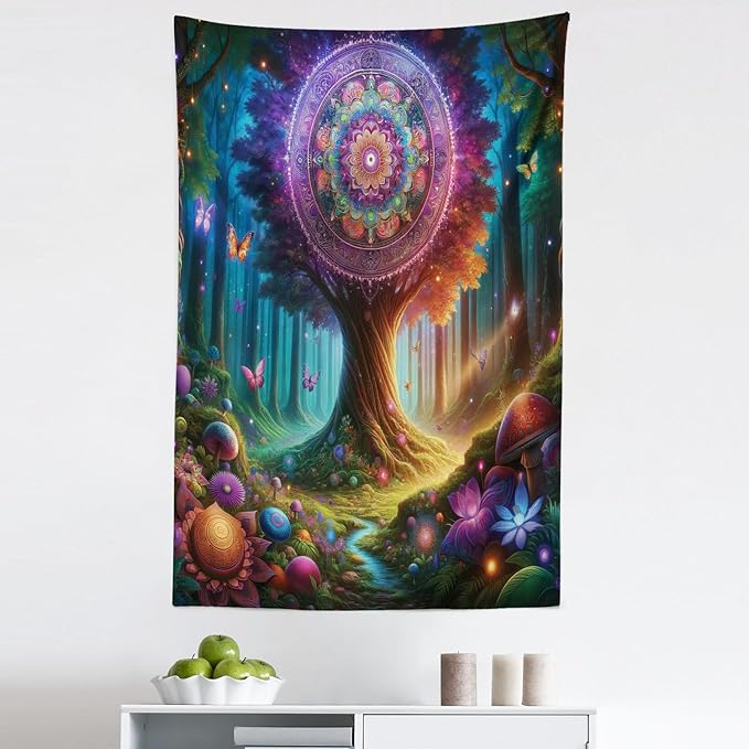 Ambesonne Nature Tapestry, Wonderland Forest Tree Trippy Mandala Floral with Butterfly Ensemble Dream, Fabric Wall Hanging Decor for Bedroom Living Room Dorm, 30" X 45", Indigo Green Aqua