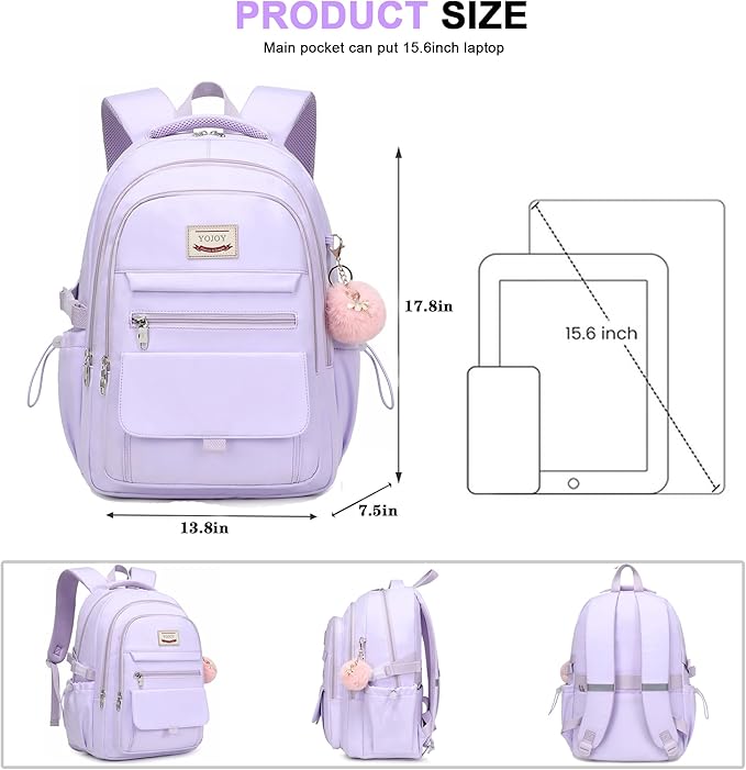 School Bag for Teens Girls,Girls Backpack Set,3 PCS Kids Backpack for Women,15.6 Inch Laptop Middle High School College Student Casual Travel Daypack with Lunch Box Pencil Pouch Set(Purple)