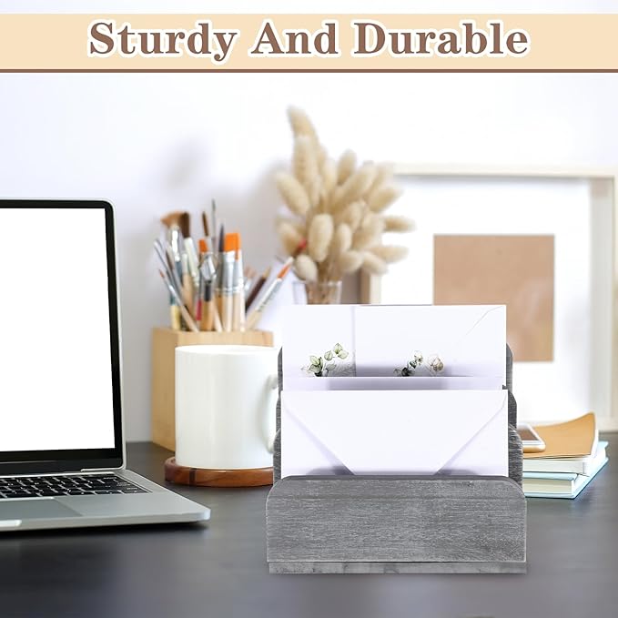 Wooden Mail Holder 3 Slots Mail Organizer for Desk Wood File Paper Letter Sorter for Letter Envelope Filing Cell Phone Document Storage, Organizer Tray for Office and Home (Grey)