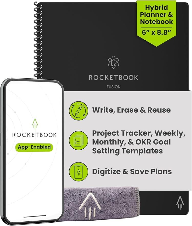 Rocketbook Fusion Hybrid Reusable Planner and Notebook in One, Additional Blank Pages, Goal and Project Tracker, Undated Planner, Executive Size 6x8.8, Black (Pack of 1)