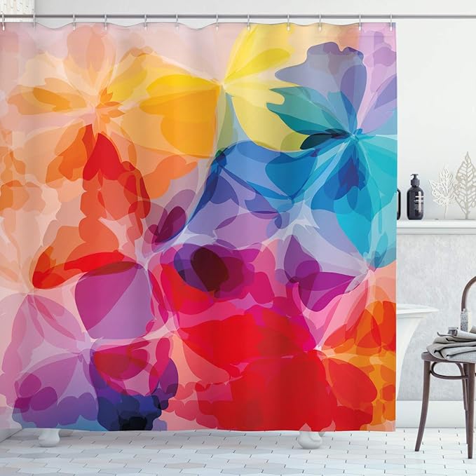 Ambesonne Floral Shower Curtain, Vibrant Colors Abstract Creative Watercolor Style Flower Pattern Design, Cloth Fabric Bathroom Decor Set with Hooks, 69" W x 70" L, Multicolor Vermilion Apricot