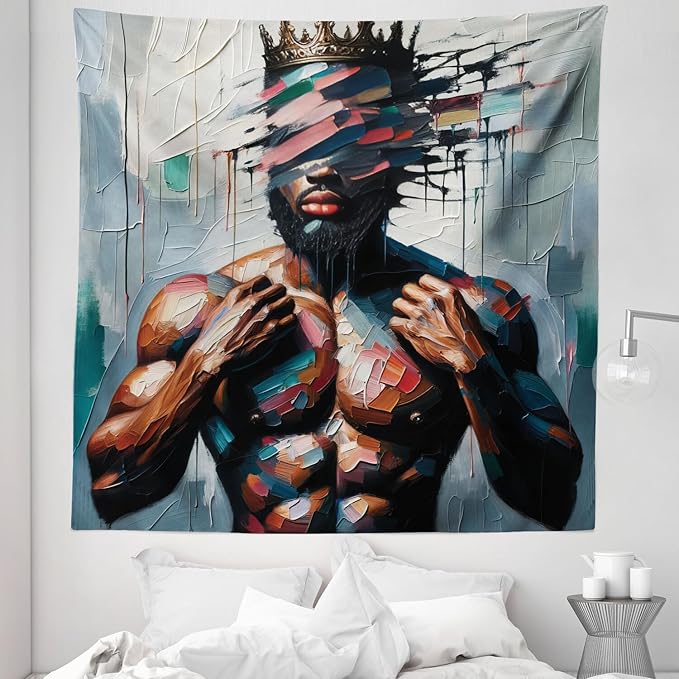 Ambesonne Afro Art Tapestry Queen Size, Strong Black Man with a Crown Face of Strokes Modern Painting Print, Wall Hanging Bedspread Bed Cover Wall Decor, 88" X 88", Blue Grey and Chocolate