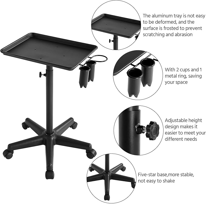 Yaheetech Rolling Salon Tray - Aluminum Trolley Cart Equipment on Wheels & Adjustable Height Mobile Beauty Salon Spa Stools Service Instrument Storage Tray w/Accessory Caddy - Black