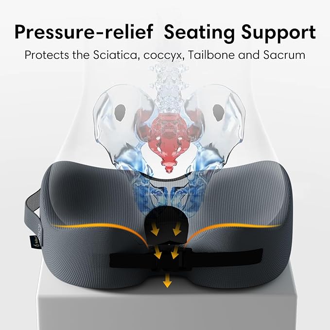 Large Memory Foam Seat Cushion for Office Chair, Car, Desk, Truck & Wheelchair - Tailbone, Coccyx & Sciatica Pain Relief Pillow - Ergonomic Back Support Portable Pad for Long Sitting & Driving