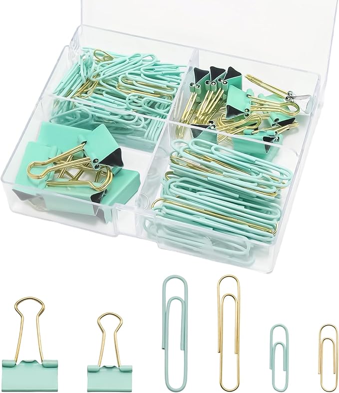 Paper Clips Binder Clips Combo Set, Assorted Size, 155 Pcs, Office Supplies Set for Office, School and Home(Green)