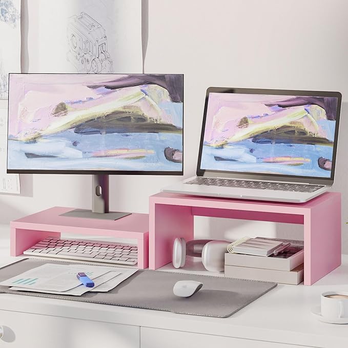 TEAMIX Pink Monitor Stand Riser-6.7 inch, Wood Higher Monitor Riser with Storage for Desk, Laptop Riser Computer PC Stand for Desktop Workspace Home Office(Pink-Higher)