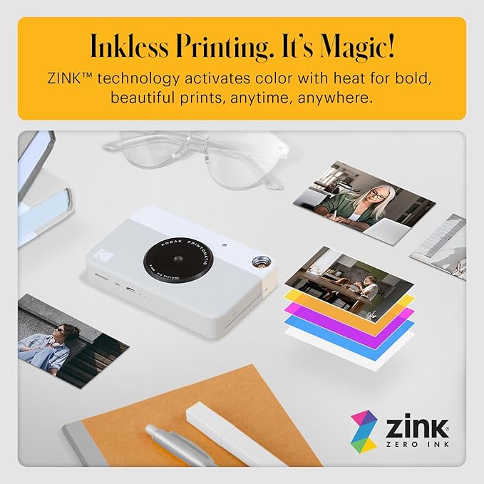 KODAK Printomatic Full-Color Instant Print Digital Camera Colorful Photos On Zink 2x3" Sticky-Back Photo Paper 5MP Gift Bundle: Case + Zink 2x3" 20pk + Album + Stickers + Frames + Markers - Grey