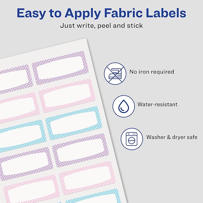 Avery No-Iron Fabric Name Labels, Soft Pastels Preprinted Designs, Handwrite Only, 24 Preprinted Labels (40775)