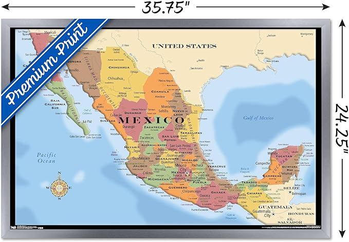Trends International Map - Mexico Wall Poster, 22.375" x 34", Silver Framed Version