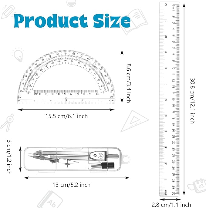 Zonon 3 Pcs Plastic Ruler 6 Inch Protractor Drawing Compass Set, Student Geometry Math Transparent Measuring Tools for Home School Classroom Office Supplies(12 Inch,Clear)